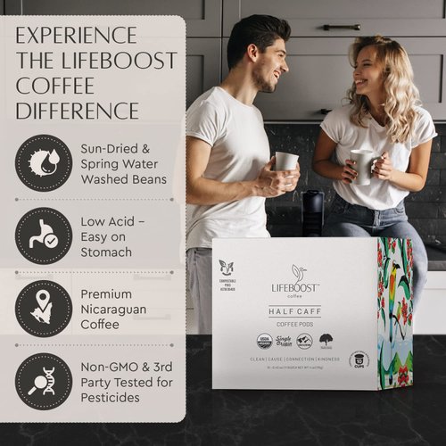 Lifeboost Coffee Half Caff Coffee K Cups - Low Acid Half Caff Coffee Pods - Single Origin Non-GMO Mold Free Pods for Keurig & Keurig 2 - No Mycotoxins or Pesticides - 10 Count