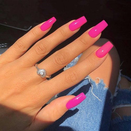 KQueenest Long Medium Press On Nails Coffin Nails Press Ons Gloss,Vibrant Hot Pink Color Full Cover Long Fake Nails For Women Girls,Thick Gel Square Tip Nails Acrylic False Nails Set,24 Pcs