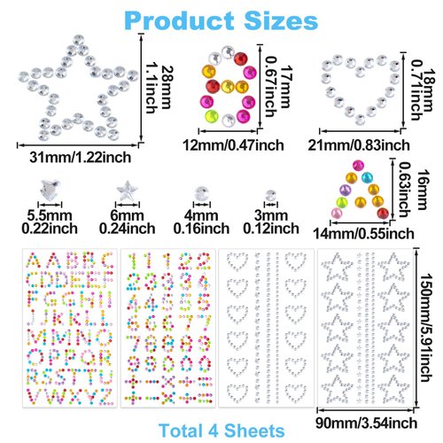 OIIKI 4 Sheets Star Hair Face Jewels, Acrylic White Star Heart Rhinestones Stickers, Colorful Letter Number Face Hair Gems Stick on, Women Body Jewelry Decorations for Makeup, Parties, Festival