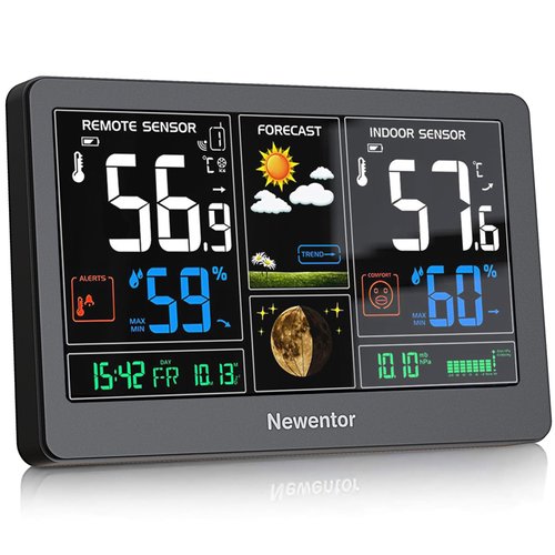 Newentor Weather Station Wireless Indoor Outdoor Thermometer, Color Display Digital Weather Thermometer with Atomic Clock, Barometric Pressure, Forecast Station with Adjustable Backlight, Black