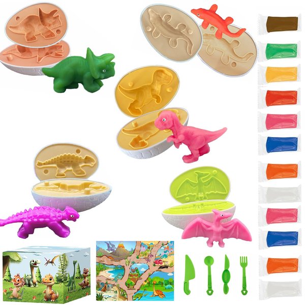 Dinosaur Playdoh Set,12 Pieces of Playdough,5 Dinosaur Eggs,4 Playdoh Tools,Playdough Sets for Kids Ages 4-8,Christmas Gifts,Easter Gifts,Easter Basket Stuffers,Easter Baskets for Kids,Easter Eggs