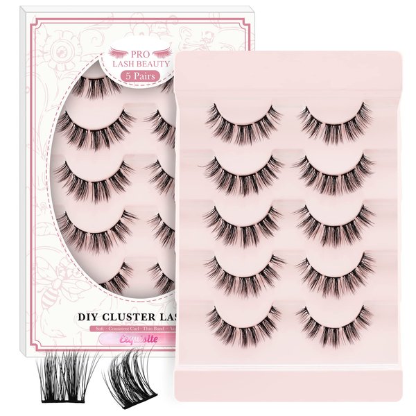 Lash Clusters 5 Pairs Cat Eye Lashes Russian Fluffy Lashes that Look Like Extensions Wispy Eyelash Clusters Volume DIY Lash Extension Soft and Easy to Wear (5 Pairs, Exquisite)