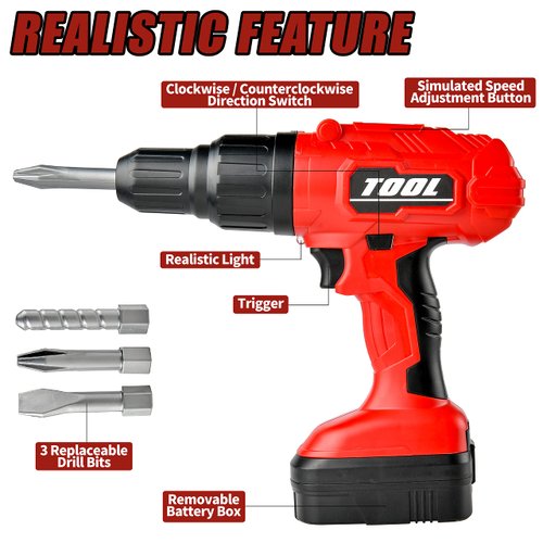 Toy Choi's Toy Drill for Kids - Electric Kid Drill Set Pretend Play Tool with Realistic Sound & Action, Construction Toy Tools for Kids Ages 3-5 with Toddler Drill Screw Set (Red)