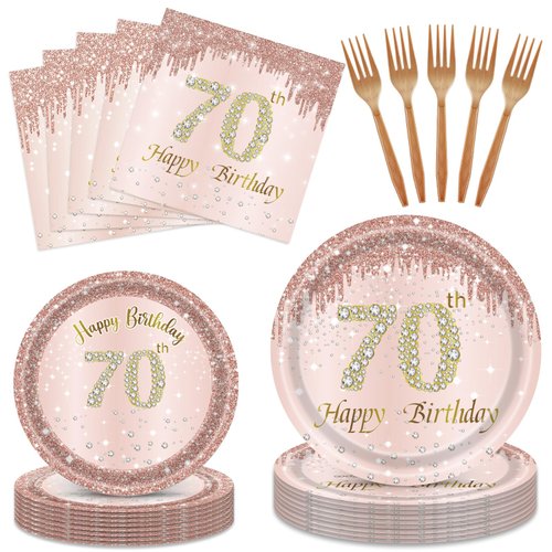 96PCS 70th Birthday Decorations for Women Rose Gold 70 Years Birthday Party Supplies Rose Gold Birthday Supplies Plates and Napkins Forks Disposable Tableware Set for Gifts Women1954 Themed Party