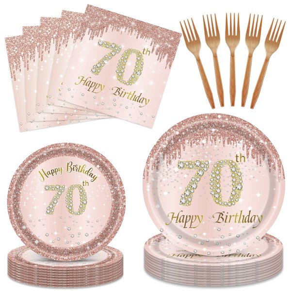 96PCS 70th Birthday Decorations for Women Rose Gold 70 Years Birthday Party Supplies Rose Gold Birthday Supplies Plates and Napkins Forks Disposable Tableware Set for Gifts Women1954 Themed Party