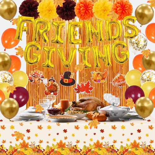 106Pcs Friendsgiving Party Decorations, Friendsgiving Banner Tablecloth Foil Fringe Curtain Maple Leaves Foil Balloons Swirls Paper Pompoms for Friendsgiving Thanksgiving Fall Autumn Party Decor