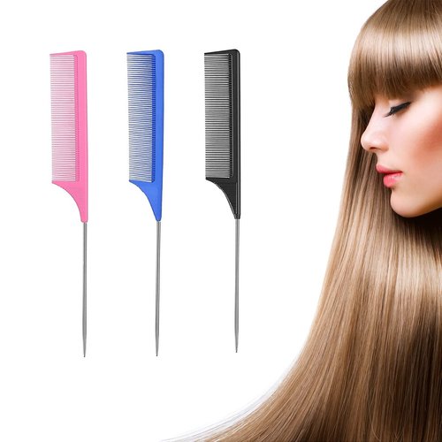 3 Pack Rat Tail Combs for Pintail Hair Parting & Teasing, Heat Resistant Carbon Fiber Fine Tooth Comb with Stainless Steel Handle Pin