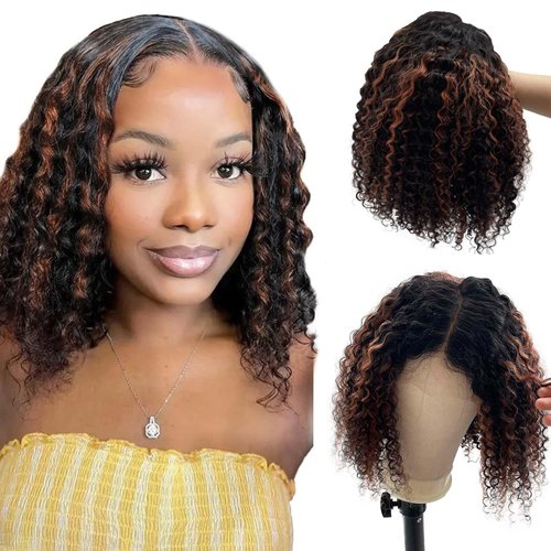 Curly Bob Wig Human Hair Pre Plucked Highlight Brown Curly Bob 13x4 HD Lace Frontal Wigs Free Part Glueless Deep Wave Highlight Wigs Black and Brown Ombre Curly Human Hair Bob Wigs for Black Women