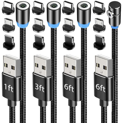 Terasako Magnetic Charging Cable 4-Pack [1ft/3ft/6ft/6ft], 360° Rotating Magnetic Phone Charger Cable with LED Light, 90° Angle Connector, Nylon-Braided Cords