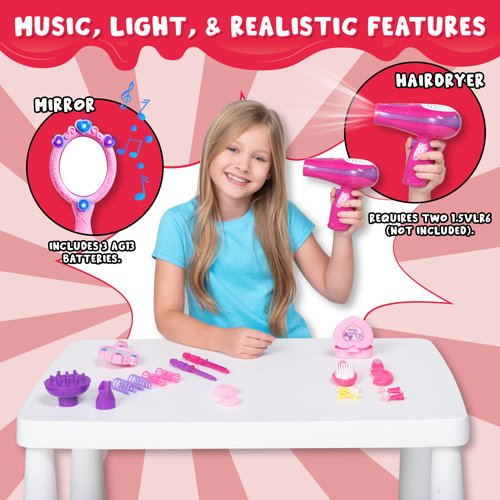 JOYIN 17Pcs Girls Beauty Salon Set, Pretend Play Doll Hair Stylist Toy Kit with Hairdryer, Mirror, Curling Iron and Other Accessories for Kids Toddler Fashion Cutting Makeup Party Favor, Birthday Gift