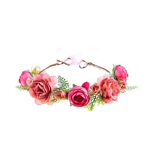 Lofruiin Women's Bohemian Simulated Rose Flower Wreath Adjustable Rose Flower Headband Seaside Party Floral Headpiece (A- Pink)
