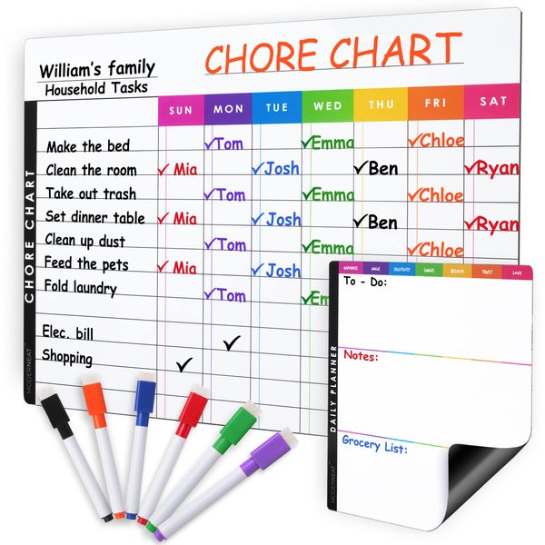 Magnetic Reward Chores Chart Dry Erase Whiteboard Set for Multiple Kids, Teens & Adults (11.5"x 15"), Daily To-Do, Grocery, Notes (7"x 9") -Behavior Chart For Fridge & 6 Fine Tip Markers