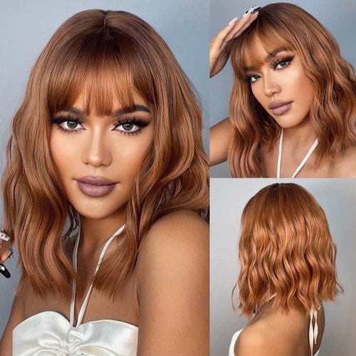 LNESEAU Short Curly Wavy Bob Wigs With Air Bangs for Women, Wavy Orange Ombre Bob Wigs for Women, Natural Synthetic Heat Resistant Short Hair Wigs for Daily Work Cosplay Halloween (Orange)