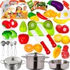 FUNERICA Play Food and Realistic Stainless-Steel Pots and Pans and Utensils - Cutting Fake Food and Pretend Toy Kitchen Accessories Cooking Toy Playset for Toddlers and Kids