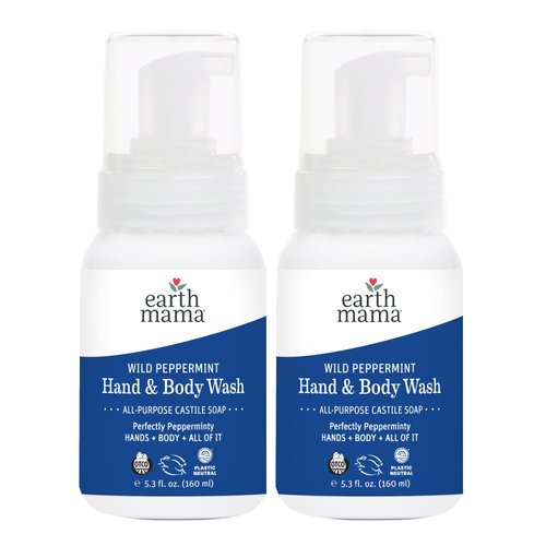 Earth Mama Wild Peppermint Hand & Body Wash | Foaming Castile Soap Liquid and Hand Soap, Made with Organic Wild Mint & Peppermint Oil, 5.3 fl oz (2-Pack)