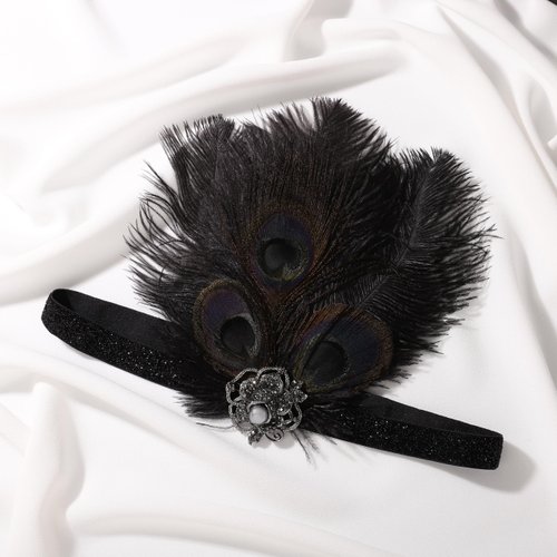 GENBREE 1920s Flapper Headband Black Feather Headpiece Peacock Hair Band Cocktail Head Accessories for Women (Style 2)