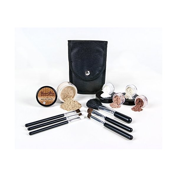 Starter Kit with 10pc Brush Set (Warm) Mineral Makeup Loose Powder Bare Face Includes Matte Foundation, Veil Primer, Blush, Bronzer, Translucent Finishing Setting Powder SPF 30 Travel