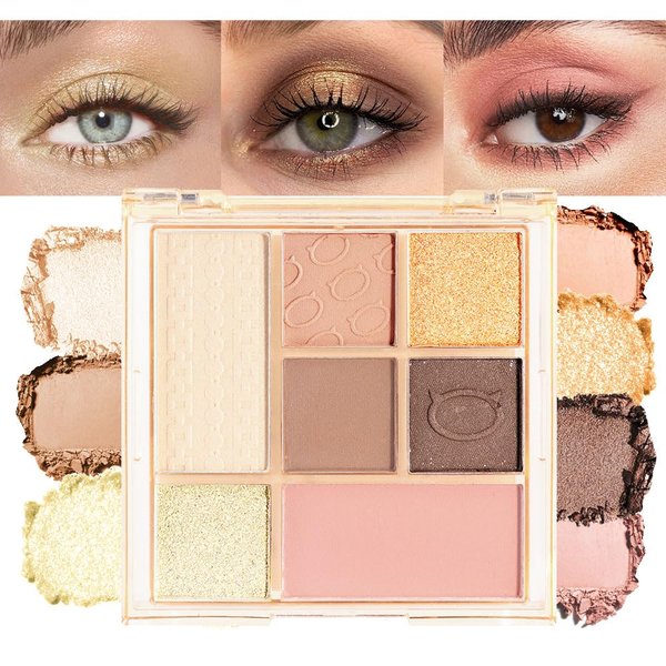 Seven Color Matte Shimmer Eyeshadow, 7 Brown Black Brown & Pink Golden Yellow Light Green Pressed Powder Eyeshadow, Daily Silky Makeup Eyeshadow Palette, Easy to Carry,Vegan & Cruelty-Free, 02 0.25 Oz