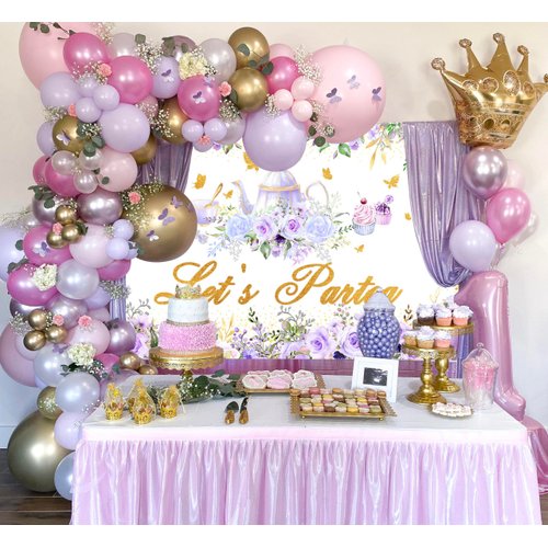 Avezano Tea Party Backdrop Floral Butterfly Glitter Let's Partea Banner Afternoon Tea Baby Shower Birthday Party Decorations 70.8 x 43.3 Inch (Purple)