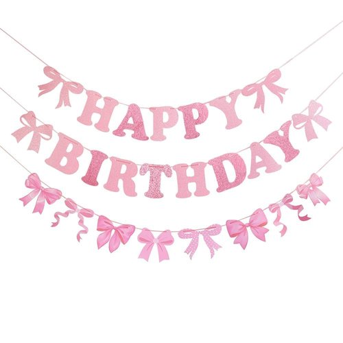 Pink Bow Happy Birthday Banner Garland, 2Pcs Coquette Bow Banner Birthday Party Decorations for Girls Bow Theme Birthday Baby Shower Bridal Shower Bachelorette Coquette Party Supplies