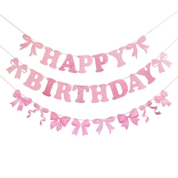Pink Bow Happy Birthday Banner Garland, 2Pcs Coquette Bow Banner Birthday Party Decorations for Girls Bow Theme Birthday Baby Shower Bridal Shower Bachelorette Coquette Party Supplies