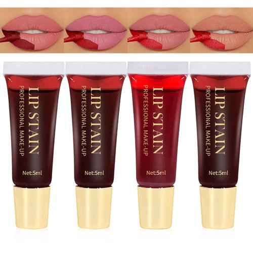 DAGEDA 4 Colors Lip Stain Peel Off Set, Waterproof Peel Off Lip Stain Lip Tint Stain Long Lasting, Matte Lip Stain Tint Non-Stick Tattoo Lipstick Peel Off for Womens Girls Makeup,5ml*4