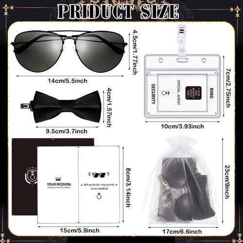Mepase 18 Pcs Ring Bearer Gifts Ring Wedding Bearer Security Include Ring Bearer Proposal Bow Tie, Security Badge, Sunglasses, Earpiece, Card and Organza Bags for Kids Police Secret Service Costume