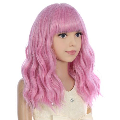 PATTNIUM Light Pink Wig Kids Short Wavy Wig Pink Wig with Bangs Girls Pink Wig Synthetic Wig Cosplay Costume Wig (Light Pink)