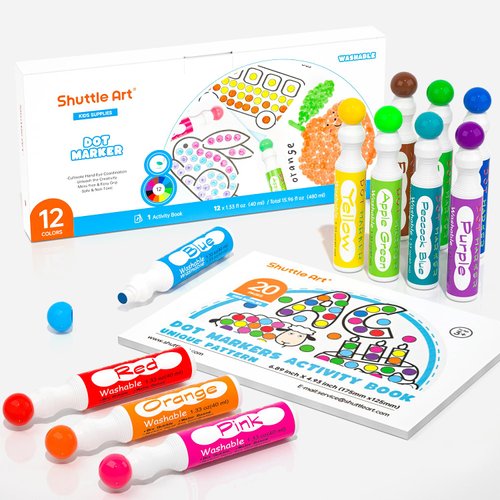 Shuttle Art Dot Makers, 12 Colors Bingo Daubers with 20 Unique Patterns of Dot Book for Toddler Art Activities, Non-Toxic Washable Coloring Markers for Preschool Kids Learning