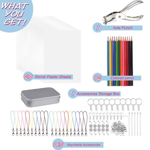 Warckon 200 Pieces Shrink Plastic Sheet Kit Include 20 Blank Sheets Shrinky Art Paper,Hole Punch,165 Keychains Accessories,12 Colored Pencils for Kids DIY Ornaments Creative Handmade Craft