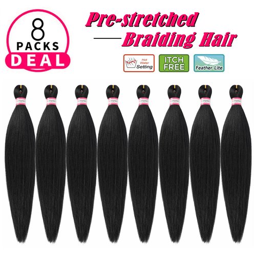 Dorsanee Pre Stretched Braiding Hair 20 Inch 8 Packs Natural Black Professional Braiding Hair for Braids Soft Yaki Texture Hot Water Setting Synthetic Hair Extensions (20inch,#1B)