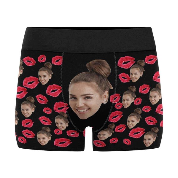 MyPupSocks Custom Funny Face Red Lips Kiss Black Men's Boxer Shorts Briefs Underpants Printed with Photo XXXL
