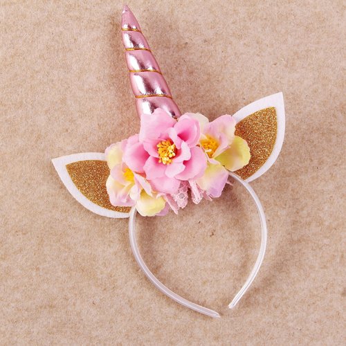 Nishine Glitter Unicorn Horn Headband Simulated Rosebush Crown Tiaras Hair Band for Birthday Unicorn Party Supplies (Pink)