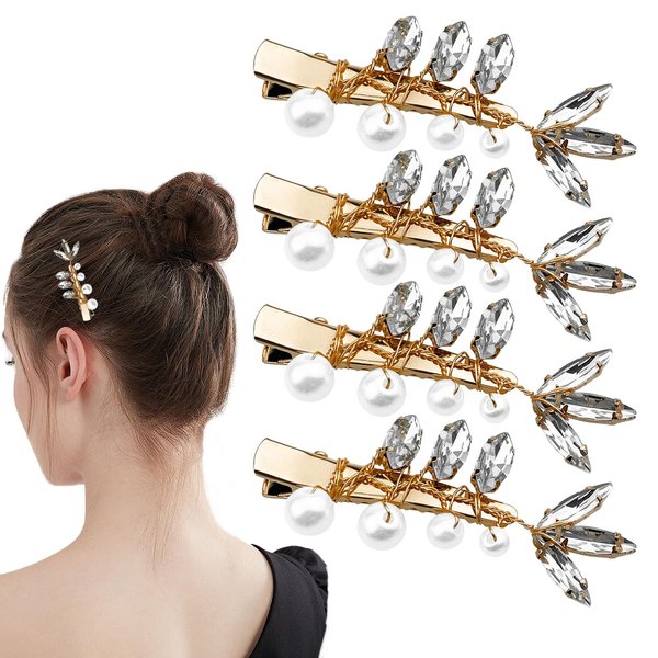 4 PCS Alligator Hair Clips, Rhinestone Pearl Wedding Hair Clips Barrettes Bridal Hairpins Hair Accessories for Women Girls Bride Party Prom