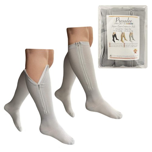 Presadee Seniors 15-20 and 20-30 mmHg Zipper Compression Open Closed Toe Socks (15-20 & 20-30 mmHg Closed Toe Grey, S/M)
