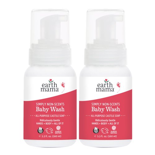 Earth Mama Simply Non-Scents Baby Wash Foaming Hand Soap, Organic Fragrance Free Body Wash, Unscented Body Wash, Castile Soap with Coconut Oil, Shea Butter, Calendula, & Aloe, 5.3floz (2-PK)