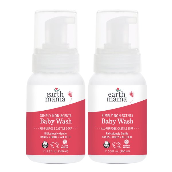 Earth Mama Simply Non-Scents Baby Wash Foaming Hand Soap, Organic Fragrance Free Body Wash, Unscented Body Wash, Castile Soap with Coconut Oil, Shea Butter, Calendula, & Aloe, 5.3floz (2-PK)