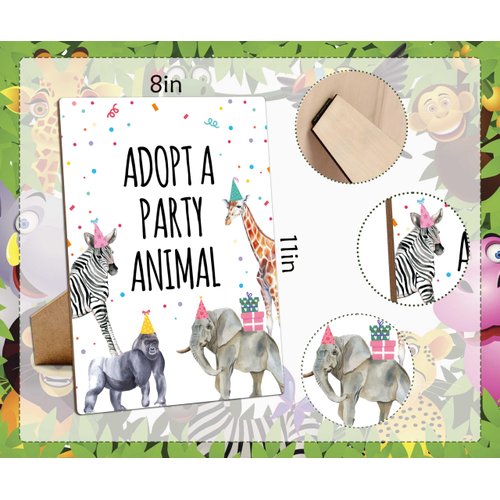 Animals Birthday Party Signs, Adopt A Party Animal, 8×11 Wooden Play Sign with Stand, Safari Birthday Decorations, Safari Birthday Party Favors, Animal Birthday Party Decorations - LP077