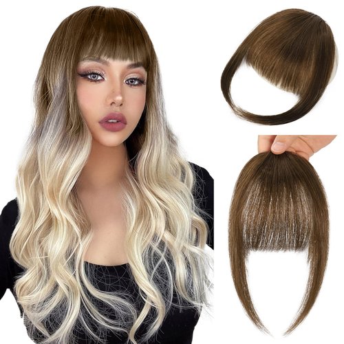 YOGFIT Clip in Bangs for Women 100% Human Hair Extensions French Bangs Fring with Temples Hairpieces Clip on French Bangs Flat Bangs Clip Curved Bangs for Daily Wear(Hazelnut Brown)