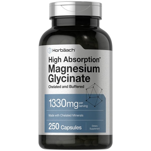 Horbäach Buffered Magnesium Glycinate | 1330mg | 250 Capsules | with Chelated Minerals | Non-GMO, Gluten Free