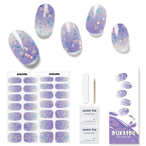 DUKASOU Semi Cured Gel Nail Strips, 28pcs Gradient Love Gel Nail Strips Work with Any UV Light, Gel Nail Stickers Full Nail Wraps for Women Girls Kids DIY Gift, Include Prep Pads, Nail File&Wood Stick