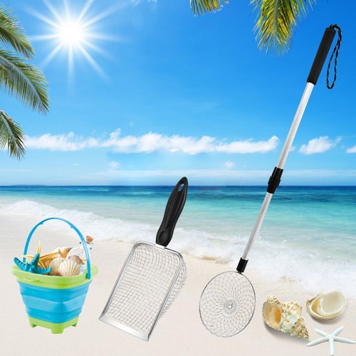 Beach Shelling Tools Set, Sand Sifter with Extra Long Adjustable Handle Foldable Beach Bucket Shovel for Beach Pool Summer Collecting Shells