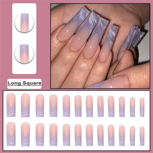 BAOYAALIN Long Square Press on Nails French Fake Glue on Nails with Blue Marble Design for Women Girls Full Cover Artificial Acrylic False Stick on Nail for Daily Wear Wedding 24Pcs