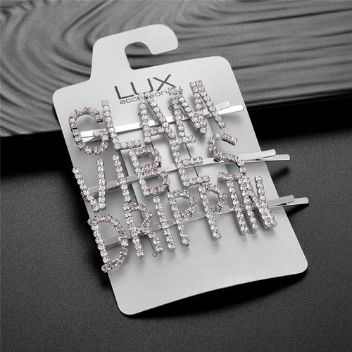Lux Accessories GLAM VIBES DRIPPIN Word Rhinestones Silver Hair Pins Set of 3
