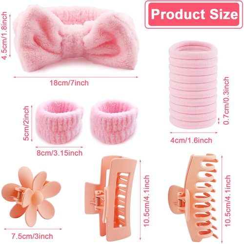 WORFACE 16 Pcs Face Wash Headband Wristband Hair Clips Ponytail Holders Set for Women, Soft Spa Bowknot Headband, Plastic Hair Claw Clips, Elastics Hair Tie for Facial Skincare Makeup (Pink, M)