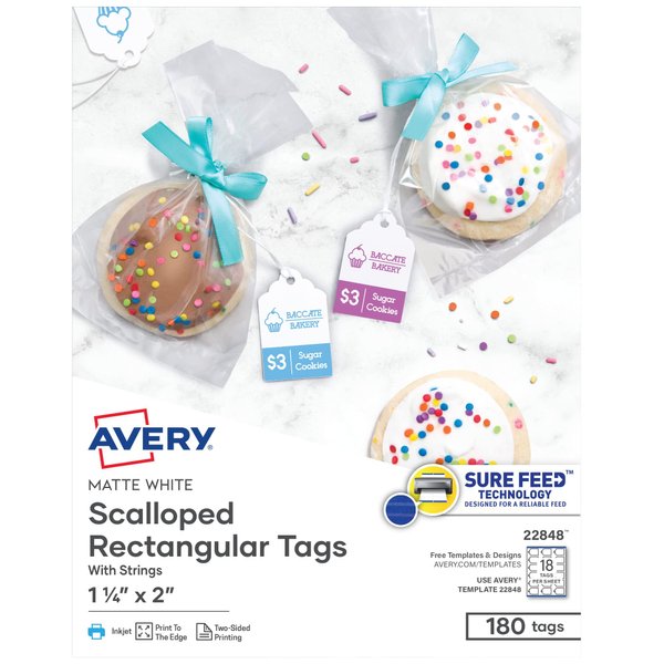 Avery Printable Blank Scallop Gift Tags with Sure Feed, 2" x 1.25", White, 180 Customizable Tags with Strings (22848)