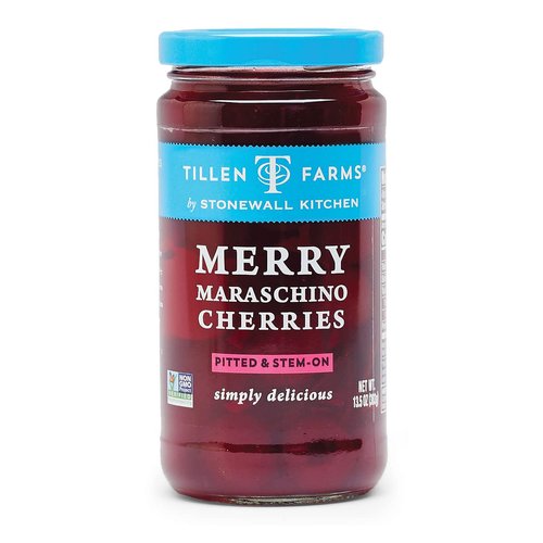 Tillen Farms Gourmet Merry Maraschino Cherries, Pitted & Stem-On, Certified Non-GMO, Great for Ice Cream Sundaes, 13.5oz