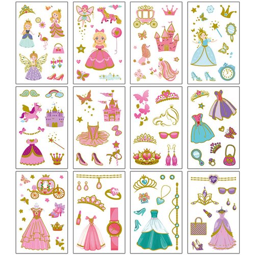 HAIIDODK Temporary Tattoos for Girls - 12 Sheets Glitter Princess Tattoos, Perfect for Princess Birthday Party Decorations (Style A)