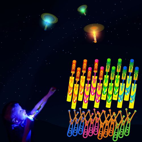 24 Pcs LED Flying Slingshot Sets,12 Sling Shot+12 Glow Helicopter, Parachute Light Up Toy Outdoor Toys Camping Games Birthday Gifts Glow in The Dark Party Supplies Party Favors for Kids 8-12 4-8