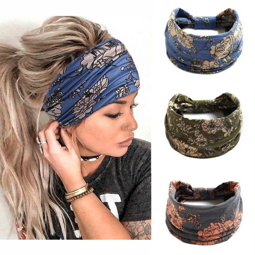 STGDAK Boho Headbands For Women Fashion Stretch Hair Bands Floral Knoted Head Bands Yoga Running Elastic Headband Stylish Wrap Headbands Hair Accessories for Teen Girls 3 Pack